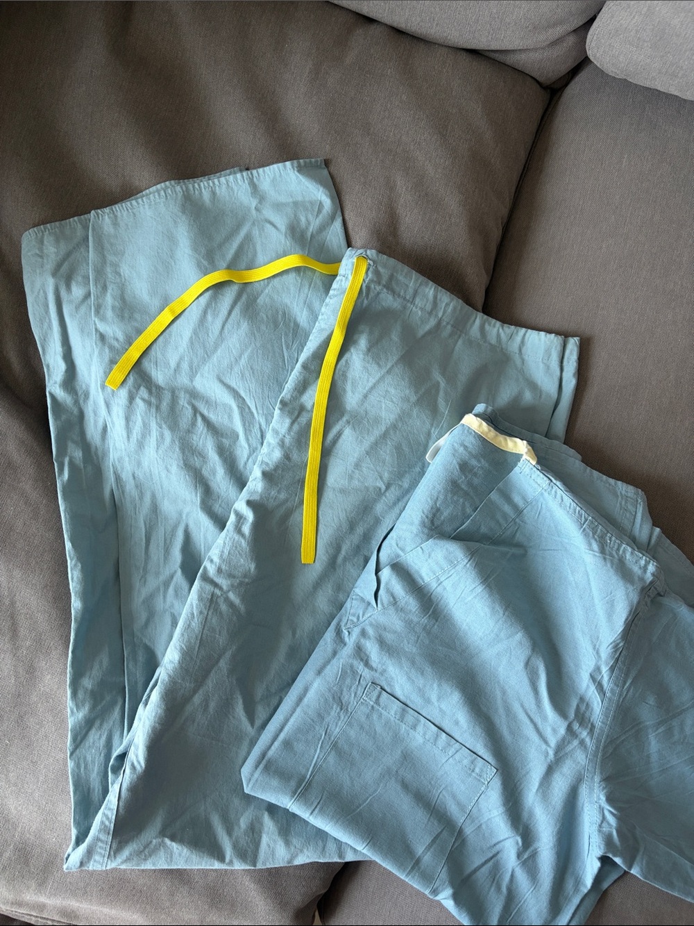 Real Surgical Scrubs Light Blue Unisex Drawstring Pants with Yellow Accent